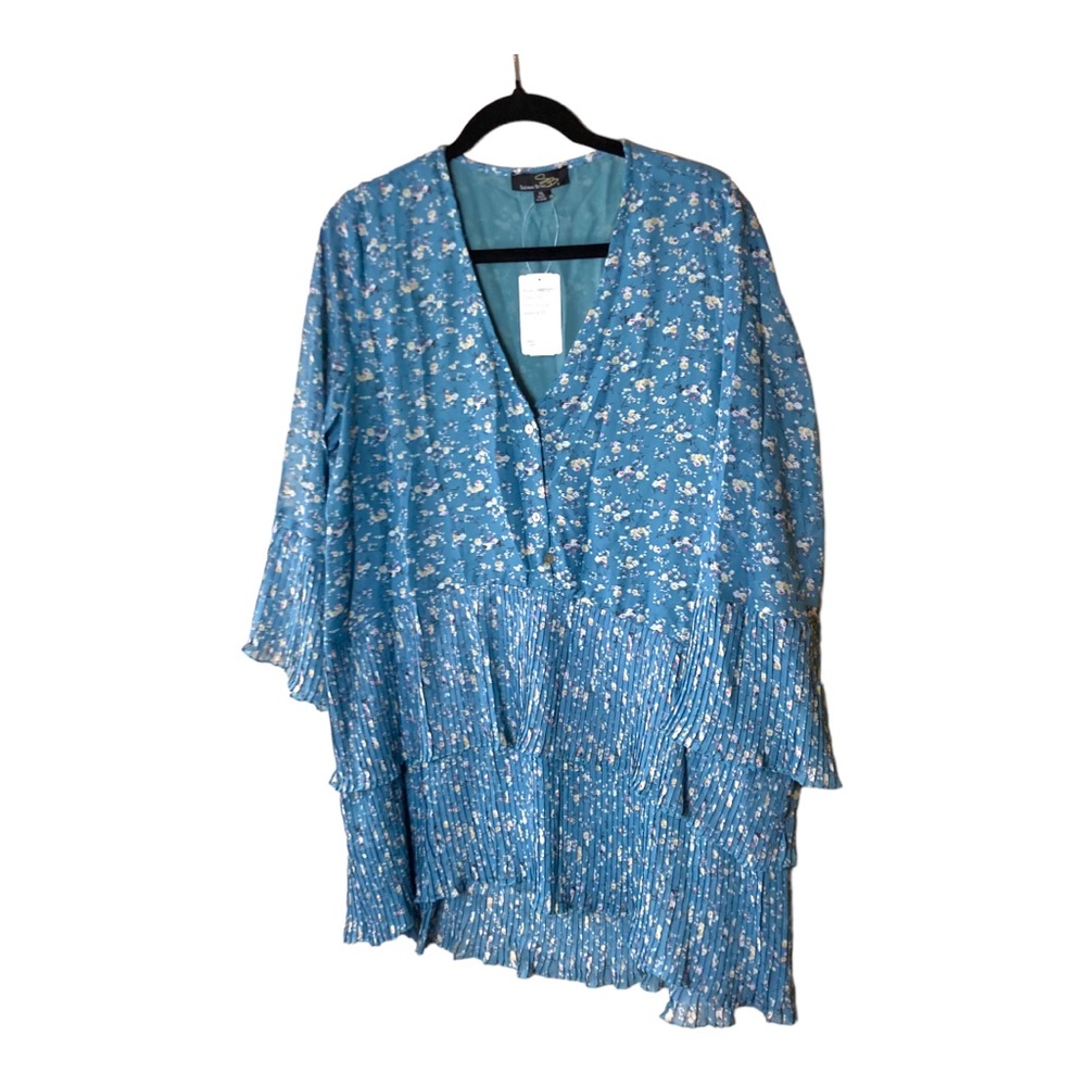 NWT Suzanne Betro Blue/Green Ditzy‎ floral Blouse Tiered Hi/Low Size XL